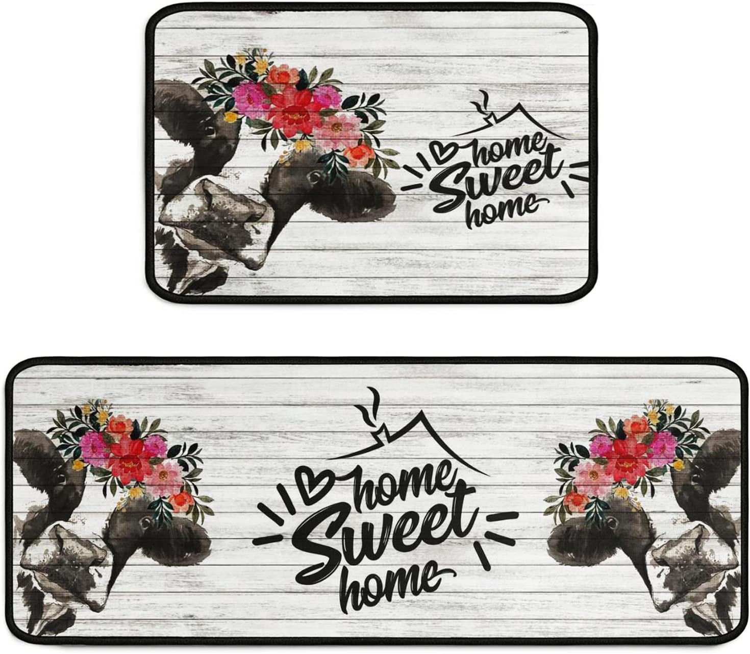 Farmhouse Cow Kitchen Rugs and Mats Set of 2 Pieces,Home Sweet Home