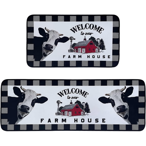 Farmhouse Cow Kitchen Rugs,Non Skid Washable Microfiber mats for Kitchen Floor, Black and White Buffalo Plaid Kitchen Cushioned Runner Rug Decor Sets of 2,Size 17"x 47"+17"x 30"