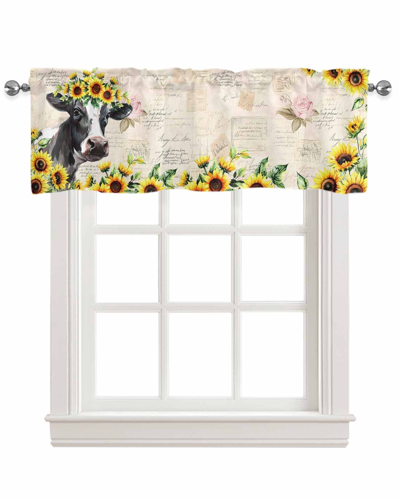 Farmhouse Cow Kitchen Valances for Windows Farmhouse Linen Window Valance Curtain for Living Room Window Treatment Sunflowers Rustic Botanical Animals Valance Rod Pocket Topper Drape, 42 x 12 Inch