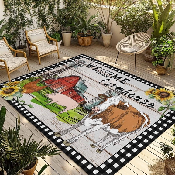 Farmhouse Cow Outdoor Rug 6x9 Ft - Reversible Patio Rug Outdoor Camping Rugs, Country Sunflowers Pig Cabin Barn Wooden Washable Indoor Outdoor Area Rugs, Non-Slip Outdoor Carpet Runner for Deck/Porch
