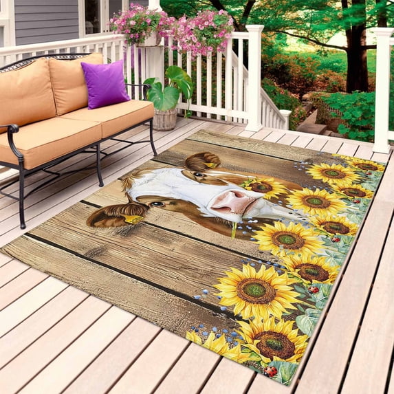Farmhouse Cow Outdoor Rug for Patio/Deck/Porch, Non-Slip Large Area Rug 5 x 8 Ft, Vintage Country Sunflower Brown Wood Indoor Outdoor Rugs Washable Area Rugs, Reversible Camping Rug Carpet Runner