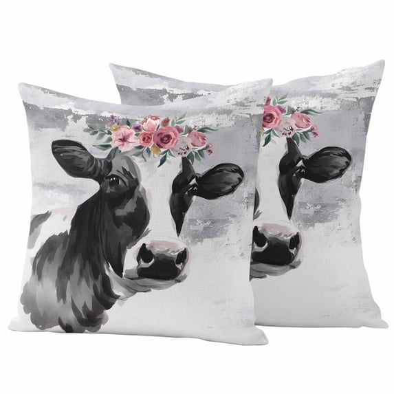 Farmhouse Cow Outdoor Waterproof Pillow Covers, Watercolor Animal Botanical Flowers Decorative Square Throw Pillowcase Sofa Cushion Sham for Patio/Couch/Chair, 26"x26" 2 Pack