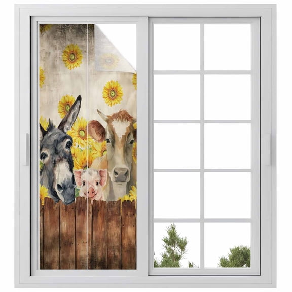 Farmhouse Cow Pig Window Privacy Film, Vintage Wooden Farm Animals Static Cling UV Sun Blocking Heat Control Window Tint Day and Night, Non-Adhesive Reusable One Way Windows Privacy Cover 23.6''x59''
