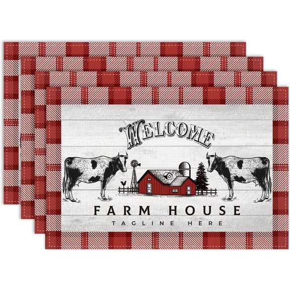 Farmhouse Cow Placemat Set of 4, 12x18 Inch Rustic Farm Animals Red Plaid Buffalo Cow Print House Barn Country Coffee Table Mats for Outdoor Kitchen Dining Table Decoration