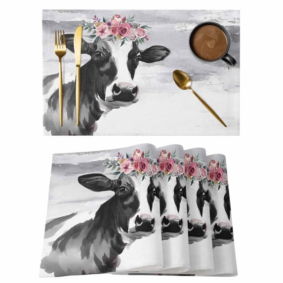 Farmhouse Cow Placemats Set of 4 Watercolor Animal Botanical Flowers Place Mats Indoor Wipeable Table Mats Washable Cloth Dining Table Placemats for Kitchen Holiday Party Home Decor 13x19 Inch