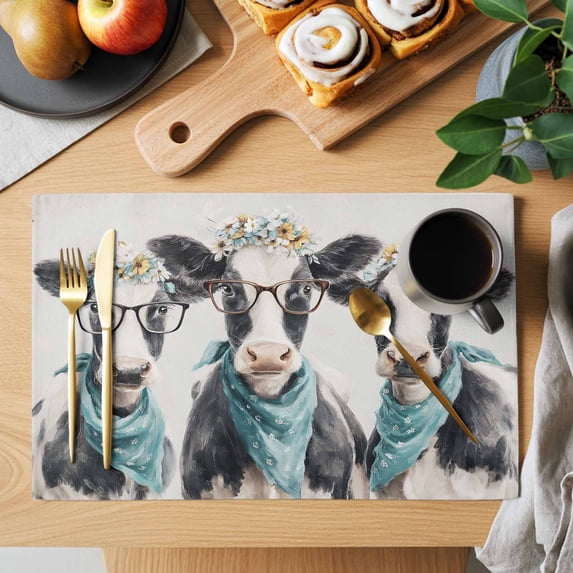 Farmhouse Cow Placemats Set of 8, Cute Animals Flower Cow Rustic Farm ...