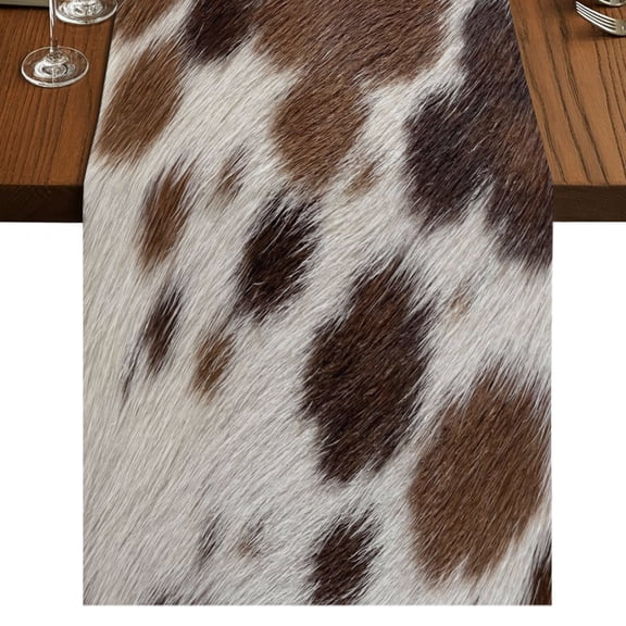 Farmhouse Cow Print Burlap Cotton Table Runner 13x36 Inches Short, Country Cowhide Fur Textured Brown Farmhouse Table Runners, Outdoor Dining Table Decor for Baby Shower/Party/Wedding