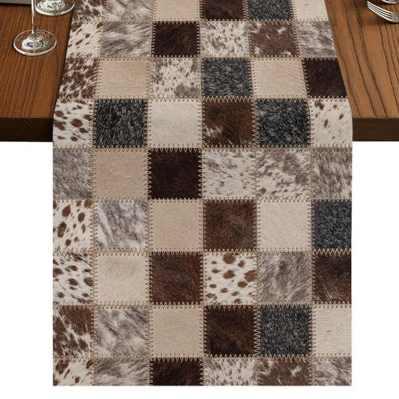 Farmhouse Cow Print Burlap Cotton Table Runner 13x36 Inches Short, Country Patchwork Cowhide Fur Plaid Farmhouse Table Runners, Outdoor Dining Table Decor for Baby Shower/Party/Wedding