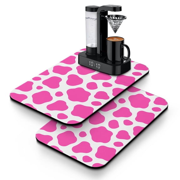 Farmhouse Cow Print Coffee Station Mat Set (2 Pack) - Ultra Absorbent 4-Layer Mats with Non-Slip Base, Classic Country Style for Coffee Makers