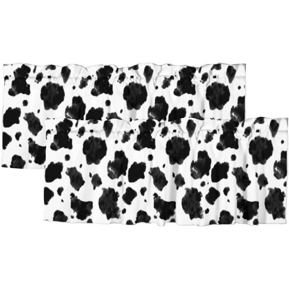 Farmhouse Cow Print Kitchen Curtain Valance Rustic Black White Cattle Fur Spot Curtain Valance for Bathroom Bedroom Living Room Cafe 54x18inch(2Pcs)