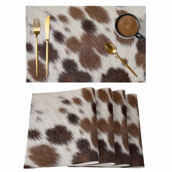 Farmhouse Cow Print Placemats Set of 4 Country Cowhide Fur Textured Brown Place Mats Indoor Wipeable Table Mats Washable Cloth Dining Table Placemats for Kitchen Holiday Party Home Decor 13x19 Inch