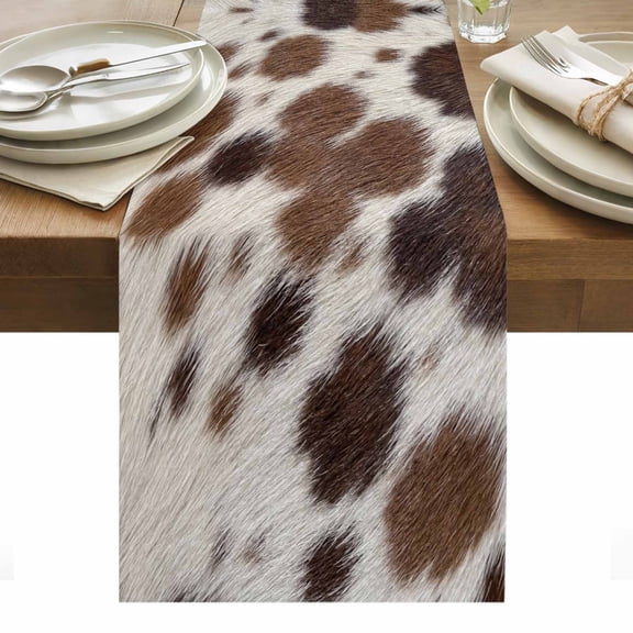 Farmhouse Cow Print Table Runner Country Cowhide Fur Textured Brown Tablerunners 13 x 36 Inch, Table Decorations Tabletop Scarf for Summer Gathering Holiday Farmhouse Kitchen Dining Decor