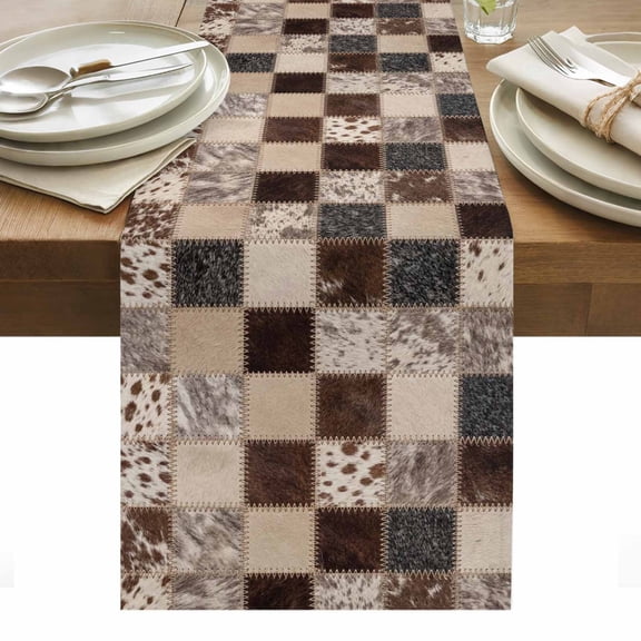 Farmhouse Cow Print Table Runner Country Patchwork Cowhide Fur Plaid Tablerunners 13 x 36 Inch, Table Decorations Tabletop Scarf for Summer Gathering Holiday Farmhouse Kitchen Dining Decor