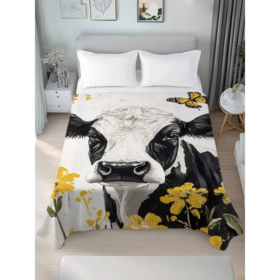 Farmhouse Cow Queen Size Flat Sheet, Wrinkleproof & Fadeproof Cooling Flat Bed Sheet Only, Spring Pastoral Yellow Floral Vintage Breathable Soft Bedding Top Sheets 90 x 102 Inches