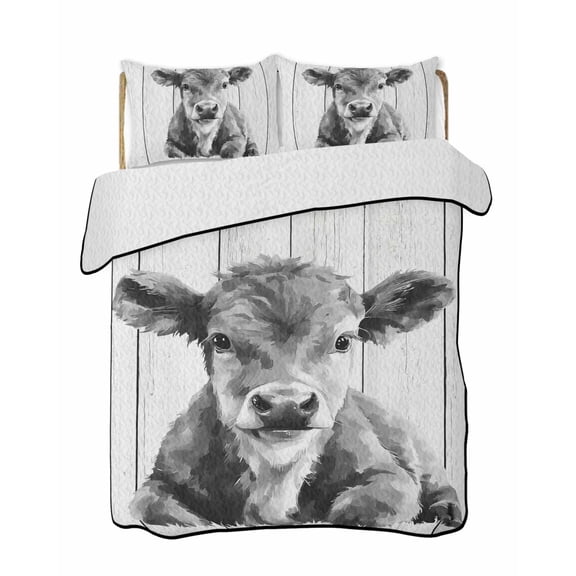 Farmhouse Cow Quilts Bedding Set Queen Size Watercolors Grey Country Animal Retro Wood Grain Lightweight Quilted Bedspread 3 Piece Bed Quilt with 2 Pillow Shams All Season for Bedroom 78" x 90"