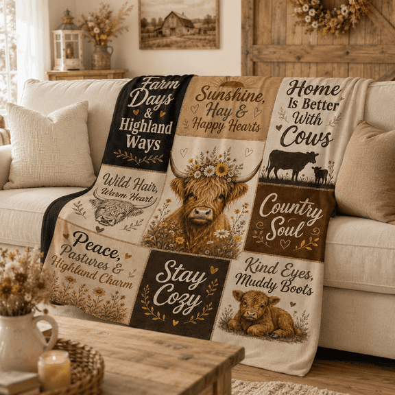 Farmhouse Cow Quote Flannel Throw Blanket, Rustic Highland Cattle Panels with Daisies, Pasture Sayings and Cozy Country Themes for Couch Sofa Bed, 40 x 50 in