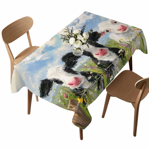 Farmhouse Cow Rectangle Tablecloth Cute Animals Oil Painting Texture Flower Rustic Farm Waterproof Wrinkle Free Soft Table Cloth Spill-Proof Washable Table Cover for Dining Party Picnic 52 x 70 Inch