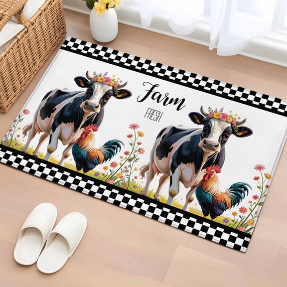 Farmhouse Cow Rooster Bathroom Rug Washable 2x3 Entryway Rug Non Slip Country Animals Black Check Front Door Mat Low Pile Indoor Doormat Throw Floor Carpet for Kitchen Bedroom Entrance