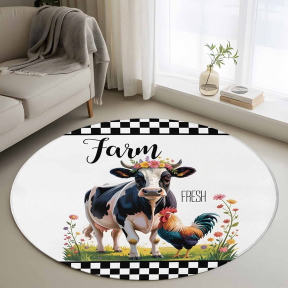 Farmhouse Cow Rooster Round Area Rug 4 FT, Non Slip Indoor Outdoor Rug, Country Animals Black Check Washable Soft Circular Carpet Non-Shedding Floor Mat for Coffee Table Nursery Foyer Balcony