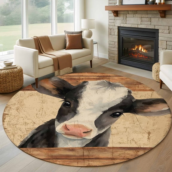 Farmhouse Cow Round Area Rug 8Ft Washable Large Circle Rugs for Living Room Dorm, Country Vintage Animals Wooden Grain Non-Slip Carpet Floor Mats Indoor Outdoor Carpet Runner Aesthetic Home Decor