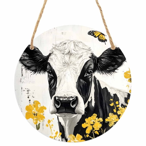 Farmhouse Cow Round Front Door Welcome Sign, 7.8 Inch Wall Hanging Decor for Indoor Outdoor, Spring Pastoral Yellow Floral Vintage Home Porch Hanger Decorations for Holiday Gift