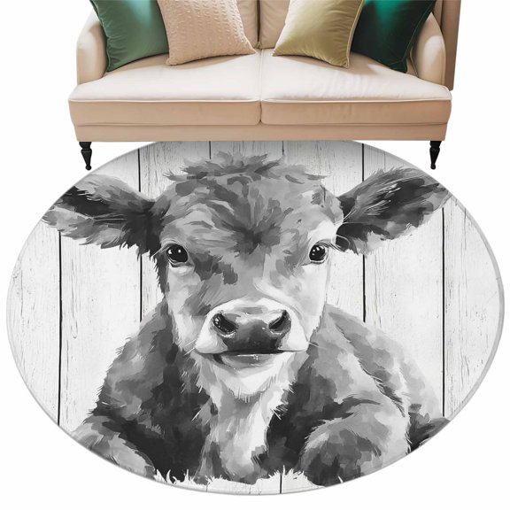 Farmhouse Cow Round Rug 5Ft Watercolors Grey Country Animal Retro Wood Grain Circle Area Rugs Washable Non Slip Indoor Floor Mats Carpet for Living Room Bedroom Dining Room Home Decor