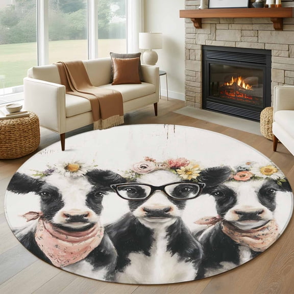 Farmhouse Cow Round Rugs for Living Room 6ft Cute Animals Pink Flower Cow Rustic Farm Country Non Slip Circle Rug Washable Low-Profile Indoor Carpet for Bedroom, Dining Room, Bathroom