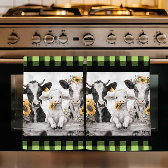 Farmhouse Cow Sheep Kitchen Towels Set of 1, Farm Animal Green Buffalo Plaid Absorbent Dish Towels for Kitchen, Microfiber Hand Towel, Quick Drying Tea Towel for Cleaning Decorative Dishcloths