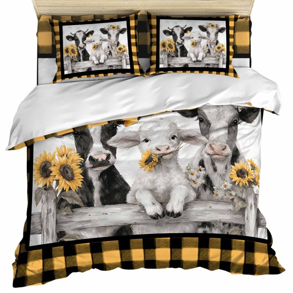 Farmhouse Cow Sheep Set of 4 Bedding Quilt Covers, Farm Animal Orange Buffalo Plaid 4-Piece Bed Sheet Set with Extra Soft Bed Sheets Quilt Cover Pillowcase, Twin