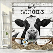 Farmhouse Cow Shower Curtain for Bathroom, Cute Rustic Farm Animals Bull Cattle on Gray Grey Wooden Fabric Shower Curtains Set, Funny Country Barn Door Bathroom Accessories Decor with Hooks, 72X72IN