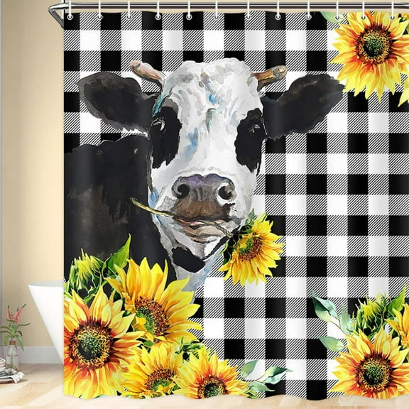 Farmhouse Cow Shower Curtain, Buffalo Check Plaid Fabric Shower Curtains for Bathroom, Cow with Sunflower Floral Decor Bath Curtains Set with Hooks 70 x 70 Inches