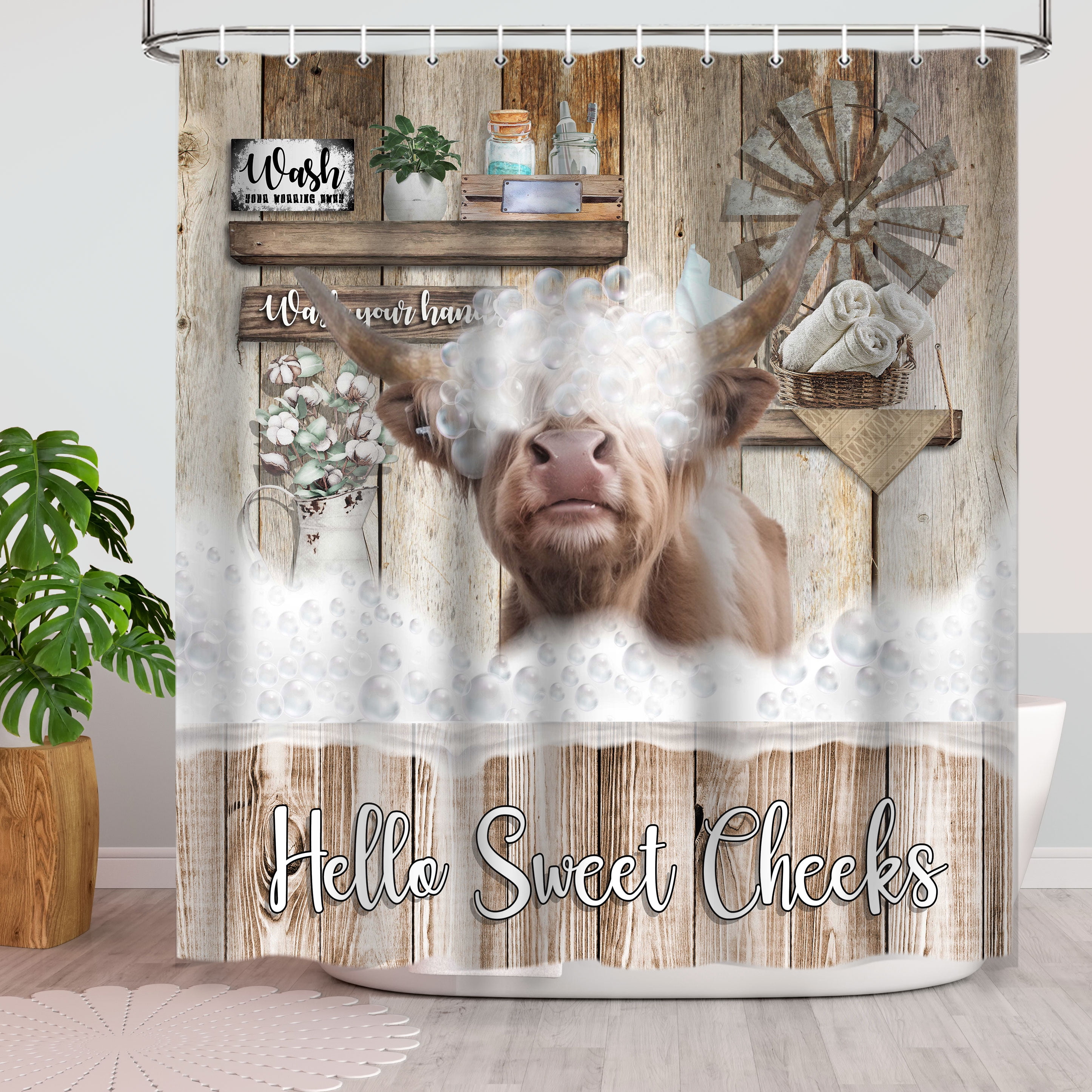 Farmhouse Cow Shower Curtain Themed Bath Decor, Vintage Highland Cow