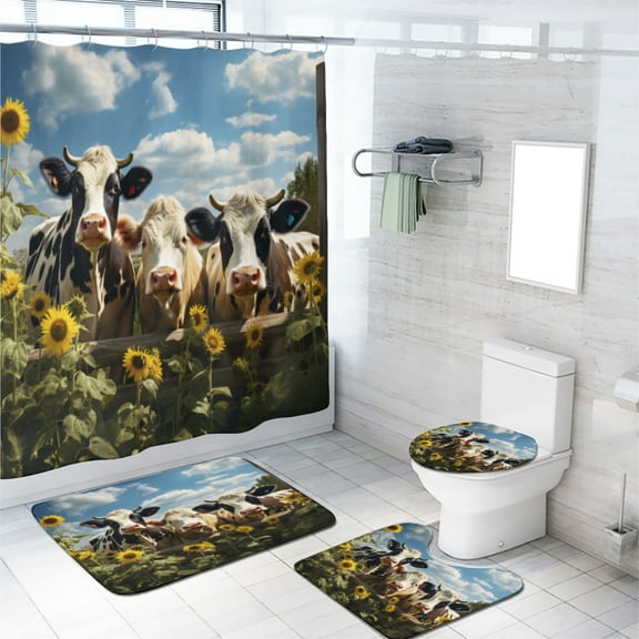 Farmhouse Cow Shower Curtain Set with Rugs for Bathroom Decor Rustic Sunflower Farm Country Natural Landscape Bathroom Decor Bath Curtain with Rugs Toilet Lid Cover Bath Mat, 72x72 Inch
