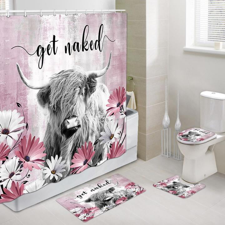 Farmhouse Cow Shower Curtain Sets, Grey Funny Highland Cow Western Bathroom Sets with Shower Curtain and Rugs,Bathroom Decor Rug Toilet Lid Cover and Non-Slip U Shape Mat, Waterproof Shower Curtain