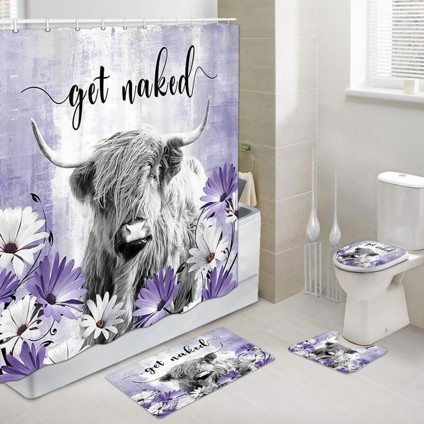 Farmhouse Cow Shower Curtain Sets, Grey Funny Highland Cow Western Bathroom Sets with Shower Curtain and Rugs,Bathroom Decor Rug Toilet Lid Cover and Non-Slip U Shape Mat, Waterproof Shower Curtain