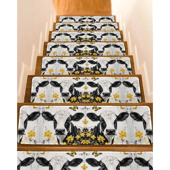 Farmhouse Cow Stair Treads for Wooden Steps Indoor Runner Rug Carpet, Spring Pastoral Yellow Floral Vintage 4 Pieces Peel and Stick Staircase Step Treads Covers Washable Throw Door Mats, 30"x8"