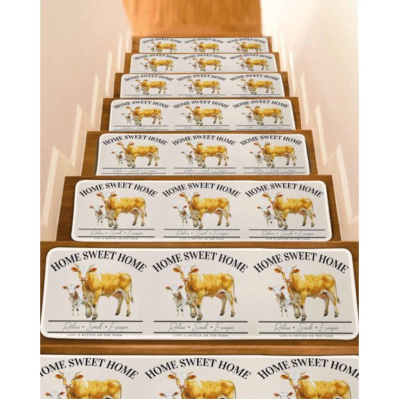 Farmhouse Cow Stair Treads for Wooden Steps Indoor Runner Rug Carpet, Vintage Animal Life Better Abstract Text 4 Pieces Peel and Stick Staircase Step Treads Covers Washable Throw Door Mats, 30"x8"