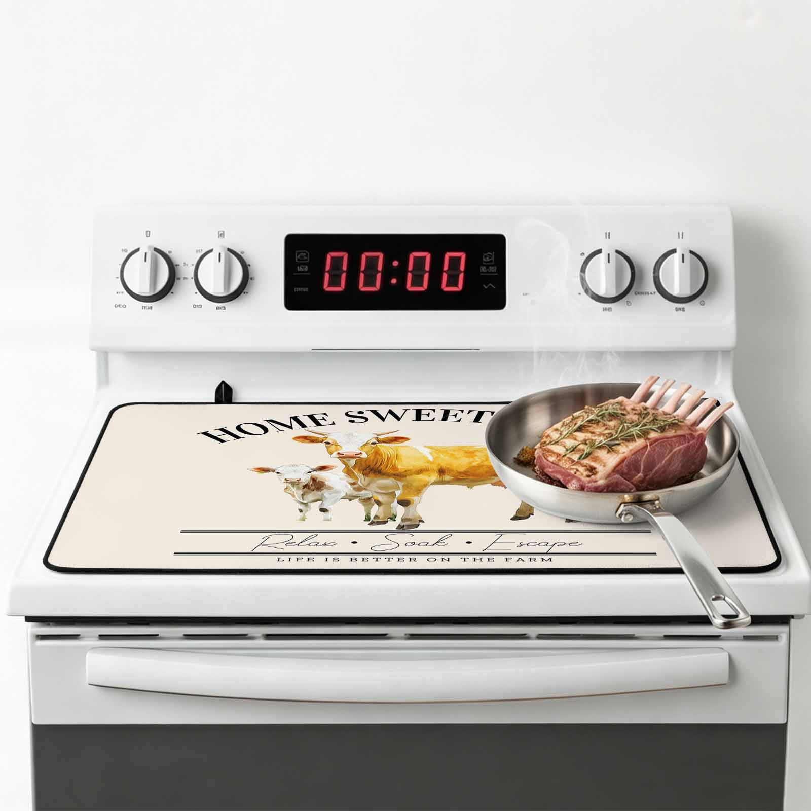 Farmhouse Cow Stove Top Cover for Electric Stove, Heat-proof & Non Slip Glass Top Stove Cover Protector, Vintage Animal Life Better Abstract Text Kitchen Flat Cooktop Rubber Mat 24x21 Inches