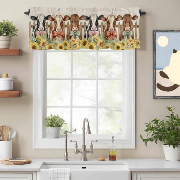 Farmhouse Cow Sunflower Burlap Valances for Windows,Kitchen Valance Rod Pocket Short Curtain, Rustic Wooden Fence Valance Curtain Window Valances for Bedroom Bathroom Living Room 54x18in