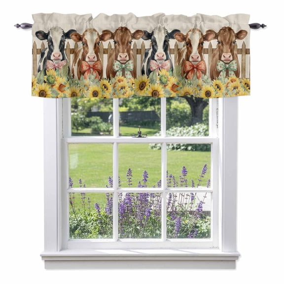 Farmhouse Cow Sunflower Burlap Valances for Windows,Kitchen Valance Rod Pocket Short Curtain, Rustic Wooden Fence Valance Curtain Window Valances for Bedroom Bathroom Living Room 42x12in