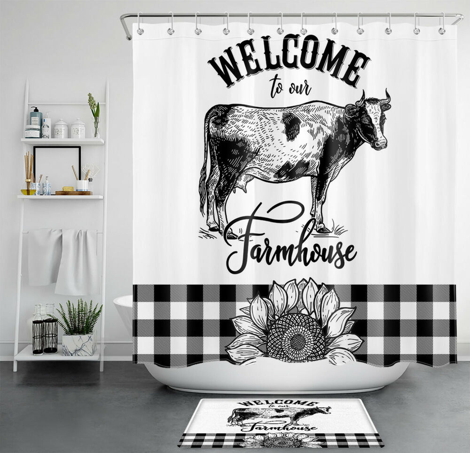 Farmhouse Cow Sunflower Shower Curtain Black White Buffalo Plaid