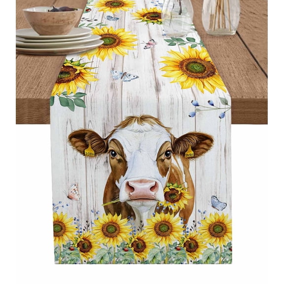Farmhouse Cow Table Runner 36 Inches, Vintage Country Sunflower Gray Wood Bed Runner Dresser Scarves Tabletop for Indoor Outdoor Parties/Ceremony/Banquet, 13"x 36"