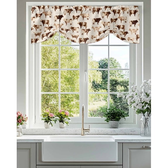 Farmhouse Cow Tie Up Valances Curtain, Adjustable Kitchen Watercolors Beige Brown Countryside Animal Valances for Windows Decor, Rod Pocket Short Curtains Set for Bedroom/Bathroom, 42"x12"