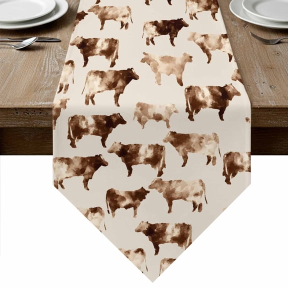 Farmhouse Cow Vintage Table Runner Linen Burlap Table Runner 48 Inches Long Beige Animals Prints Dresser Scarves for Kitchen Island Coffee Dining Room Party Wedding Banquet Holiday Decoration 13"x48"