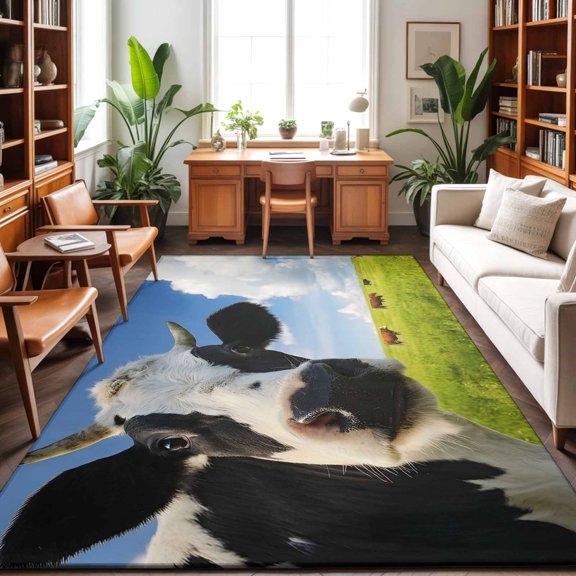 Farmhouse Cow Washable Area Rug 3 x 5 ft Blue Sky Green Grass Pastoral Rustic Natural Soft Non Slip Rugs Stain Repellent Indoor Felt Carpet for Living Dining Room Bedroom Home Office