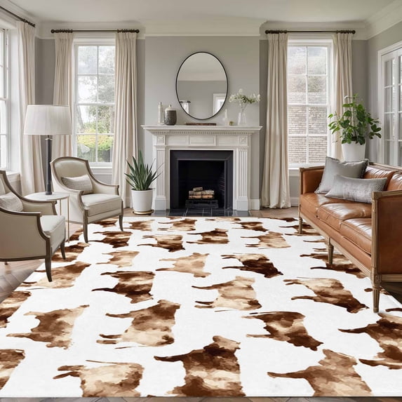 Farmhouse Cow Washable Area Rug 6 x 9 ft Watercolors Beige Brown Rustic Farm Animal, Soft Non Slip Rugs Stain Repellent Indoor Felt Carpet for Living Dining Room Bedroom Home Office