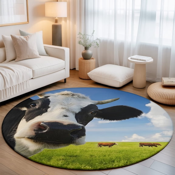 Farmhouse Cow Washable Round Area Rug 7 ft, Blue Sky Green Grass Pastoral Rustic Natural Soft Non Slip Rugs Stain Repellent Indoor Felt Carpet for Living Dining Room Bedroom Home Office