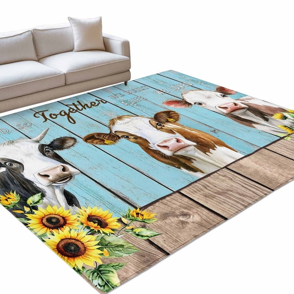 Farmhouse Cow Washable Rug 9x12 Area Rug for Living Room Bedroom Non Slip Indoor Floor Rectangle Carpet Low Pile Large Cabin Sunflowers Animals Blue Wooden Grain Entryway Rugs for Dining Room Office