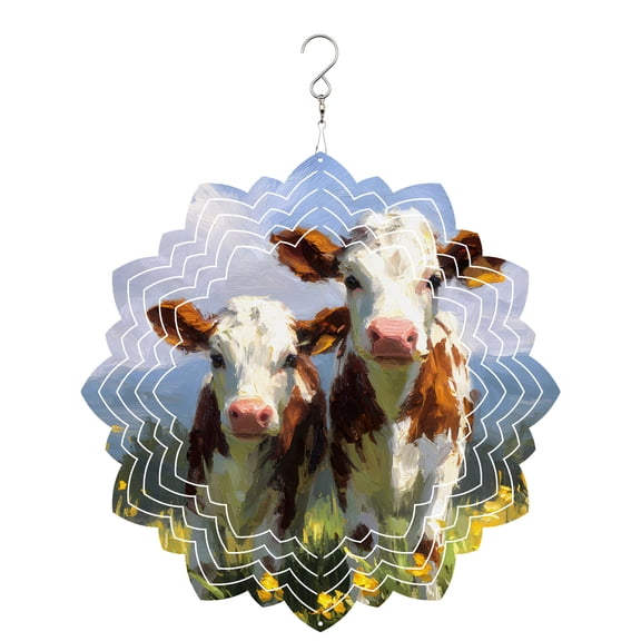 Farmhouse Cow Wind Spinner for Garden Yard 8In, Oil Painting Texture Yellow Flower Rustic Farm Animals 3D Stainless Steel Kinetic Hanging Wind Spinners Rustproof Outdoor Decor for Lawn Patio Home