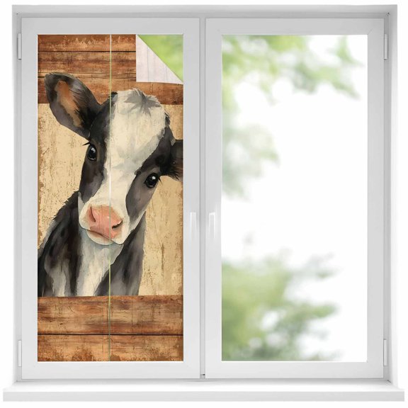 Farmhouse Cow Window Privacy Film, Country Vintage Animals Wooden Grain Static Cling UV Sun Blocking Heat Control Window Tint Day and Night, Non-Adhesive One Way Windows Privacy Cover 17.7''x39.3''